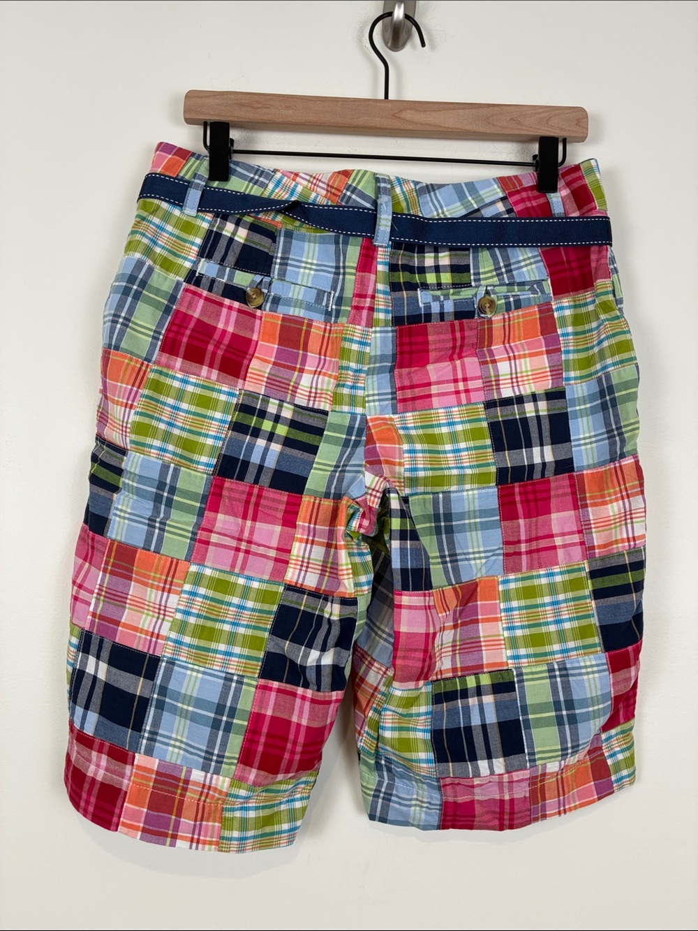 Vintage L.L. Bean Shorts Women’s 8 Bermuda Multicolor Madras/Plaid Navy Belt - Picture 4 of 5